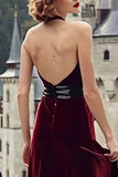 Burgundy Velvet Halter Mermaid Long Holiday Party Dress with Bow