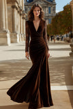 Brown Velvet Mermaid V Neck Long Holiday Party Dress with Lace