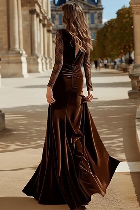 Brown Velvet Mermaid V Neck Long Holiday Party Dress with Lace