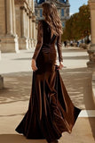 Brown Velvet Mermaid V Neck Long Holiday Party Dress with Lace