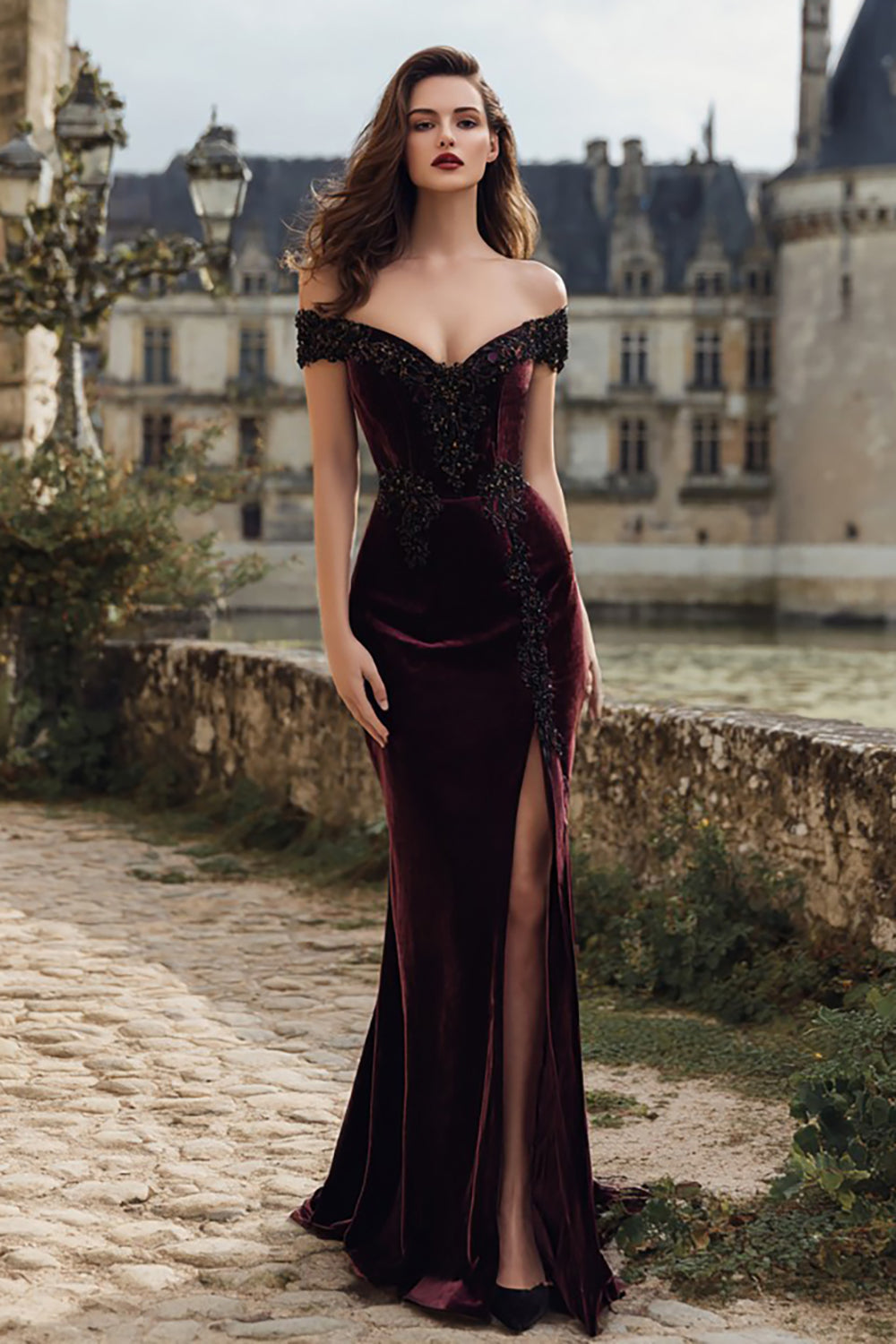 Burgundy Velvet Appliqued Mermaid Long Holiday Party Dress with Slit