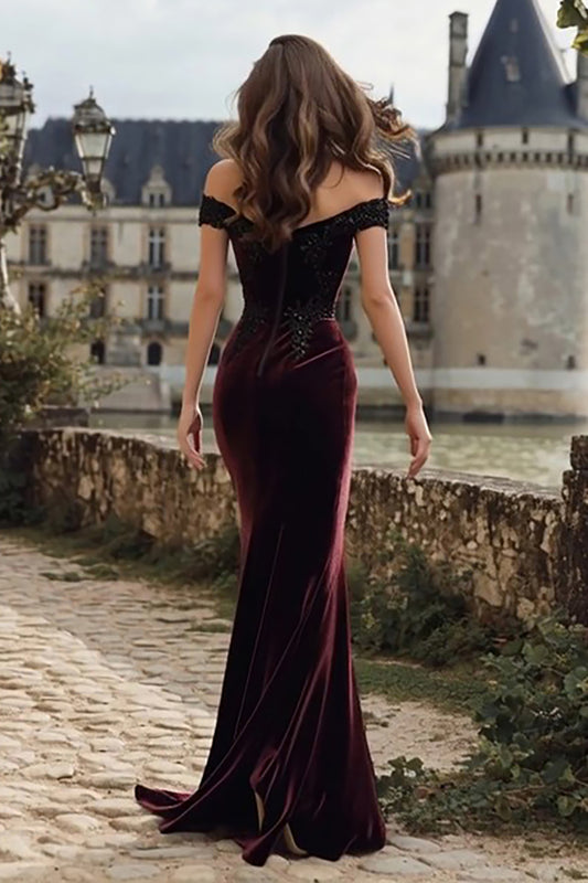 Burgundy Velvet Appliqued Mermaid Long Holiday Party Dress with Slit