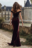 Burgundy Velvet Appliqued Mermaid Long Holiday Party Dress with Slit