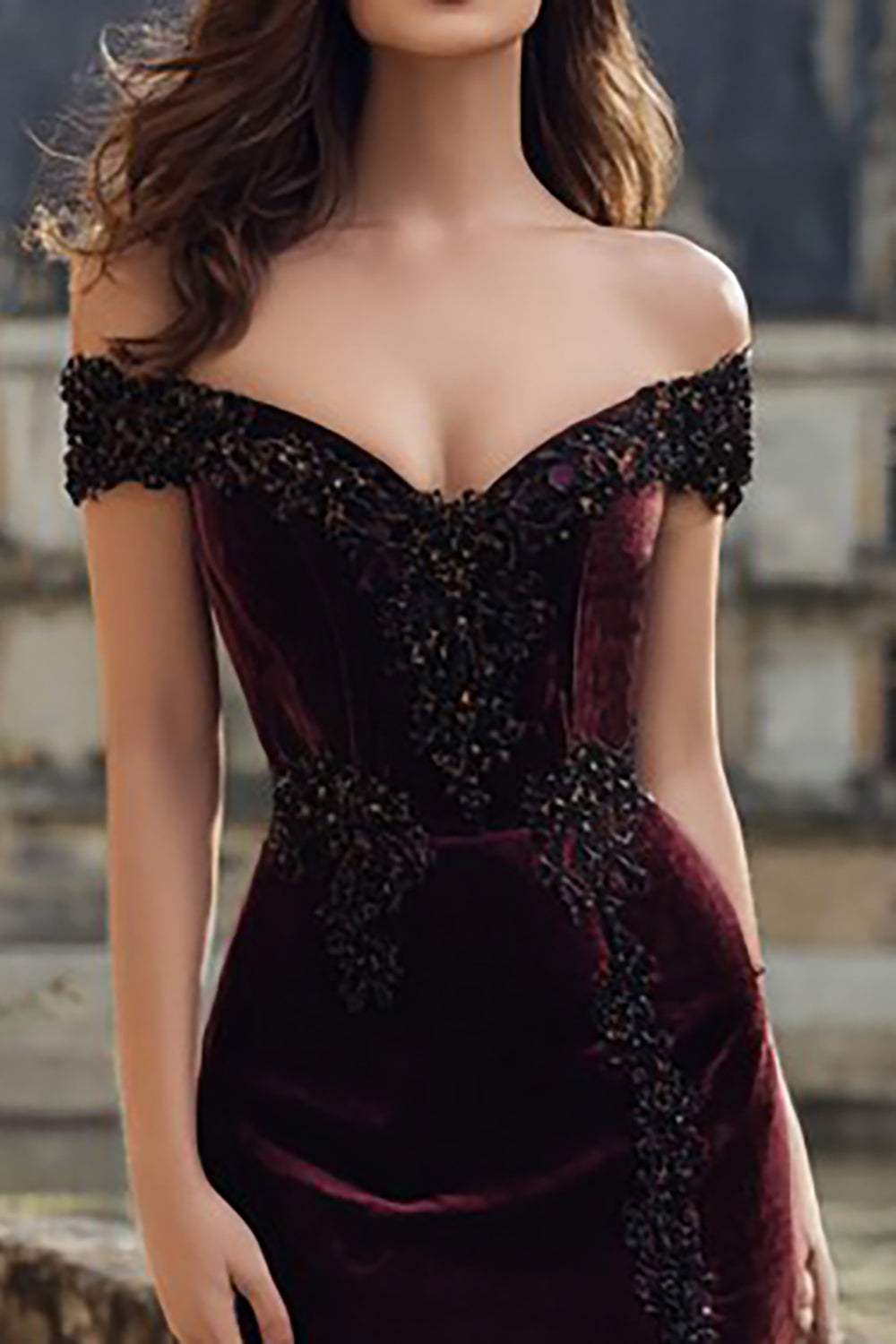 Burgundy Velvet Appliqued Mermaid Long Holiday Party Dress with Slit