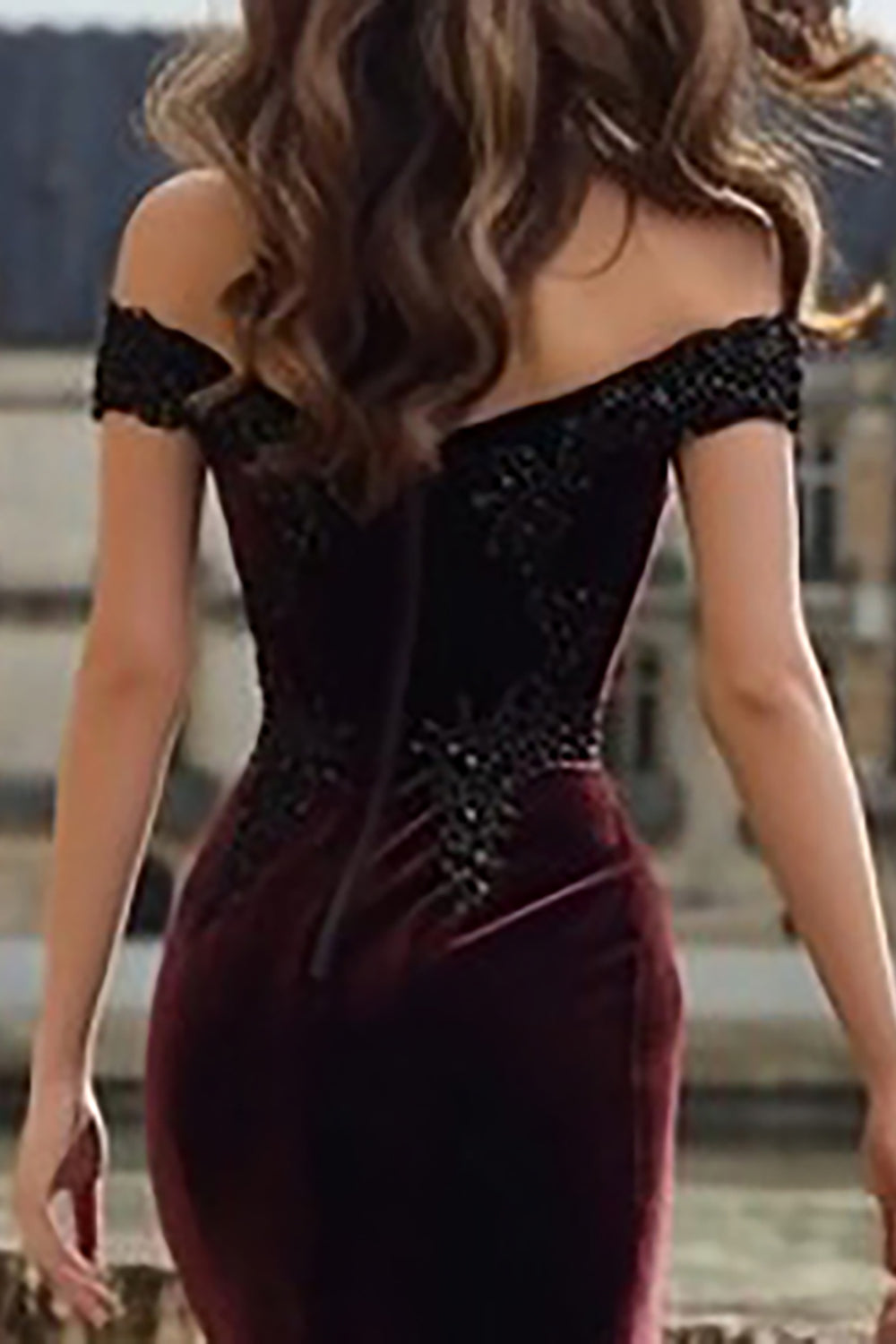 Burgundy Velvet Appliqued Mermaid Long Holiday Party Dress with Slit
