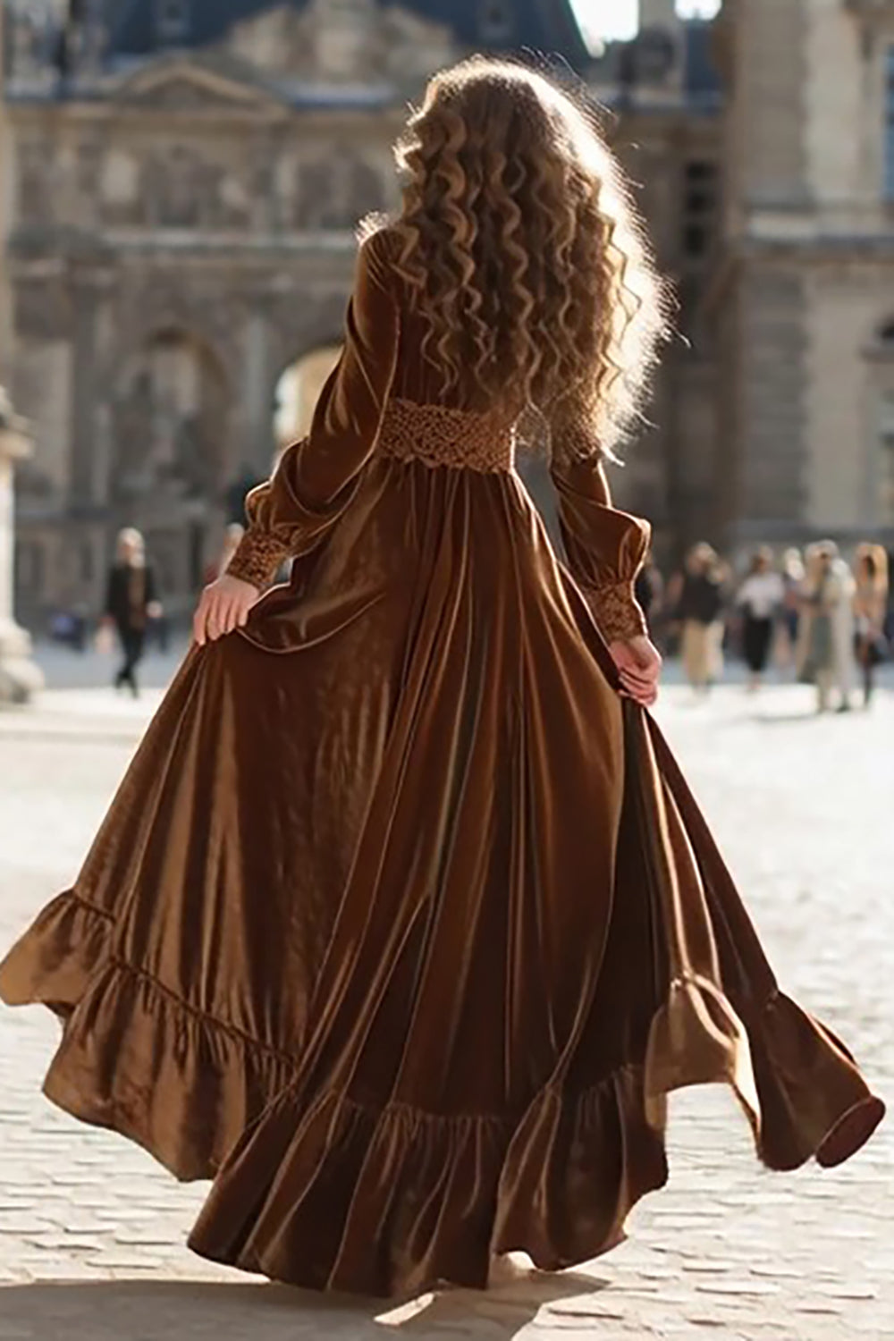 Brown Velvet A Line Long Holiday Party Dress with Sleeves