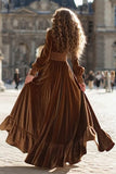 Brown Velvet A Line Long Holiday Party Dress with Sleeves