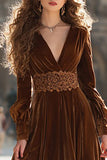Brown Velvet A Line Long Holiday Party Dress with Sleeves