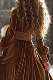 Brown Velvet A Line Long Holiday Party Dress with Sleeves