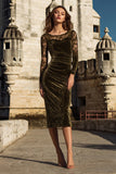 Olive Velvet Mermaid Midi Holiday Party Dress with Lace