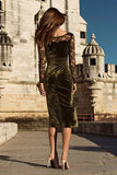 Olive Velvet Mermaid Midi Holiday Party Dress with Lace