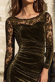 Olive Velvet Mermaid Midi Holiday Party Dress with Lace