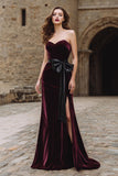 Burgundy Velvet Strapless Mermaid Long Holiday Party Dress with Bow