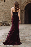 Burgundy Velvet Strapless Mermaid Long Holiday Party Dress with Bow