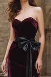 Burgundy Velvet Strapless Mermaid Long Holiday Party Dress with Bow