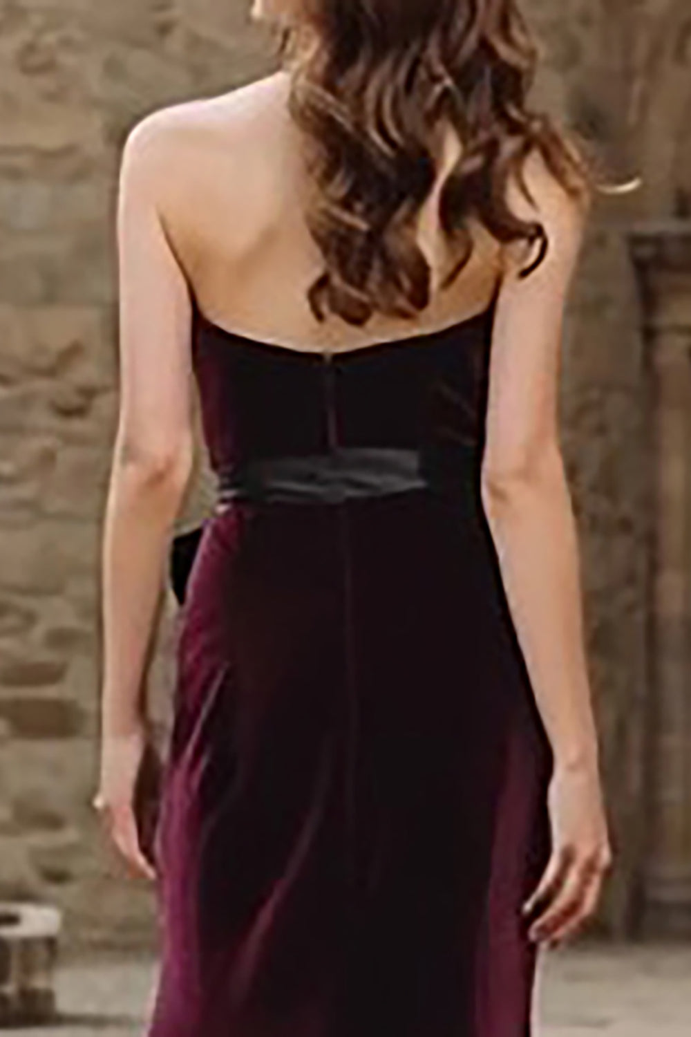 Burgundy Velvet Strapless Mermaid Long Holiday Party Dress with Bow