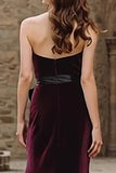 Burgundy Velvet Strapless Mermaid Long Holiday Party Dress with Bow
