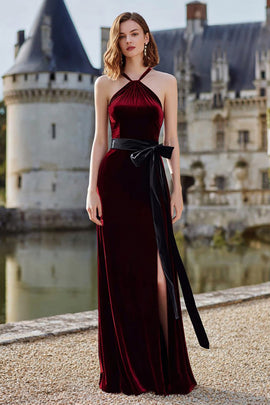 Burgundy Velvet Halter Long Holiday Party Dress with Sash