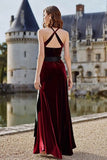 Burgundy Velvet Halter Long Holiday Party Dress with Sash