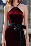 Burgundy Velvet Halter Long Holiday Party Dress with Sash
