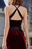 Burgundy Velvet Halter Long Holiday Party Dress with Sash