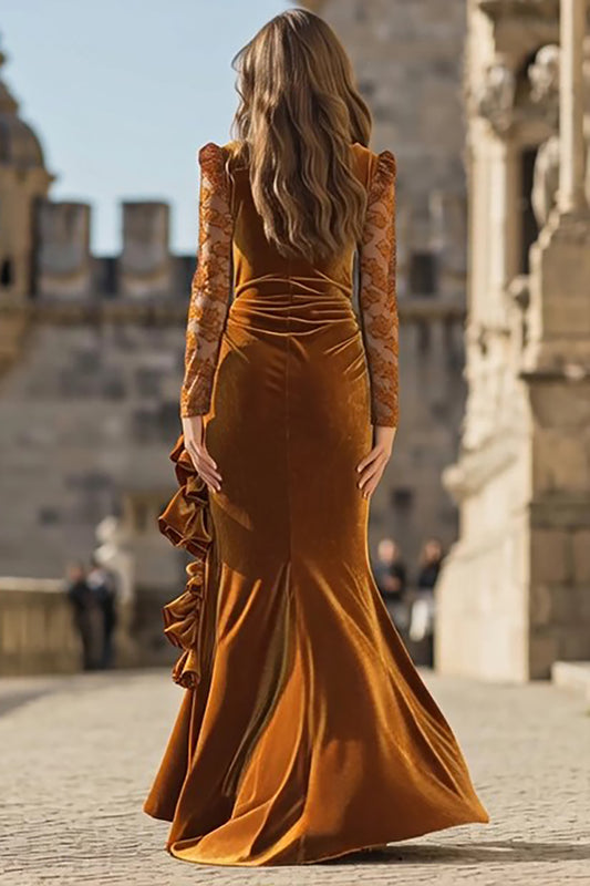 Caramel Velvet Ruffled Mermaid Long Sleeves Holiday Party Dress with Slit