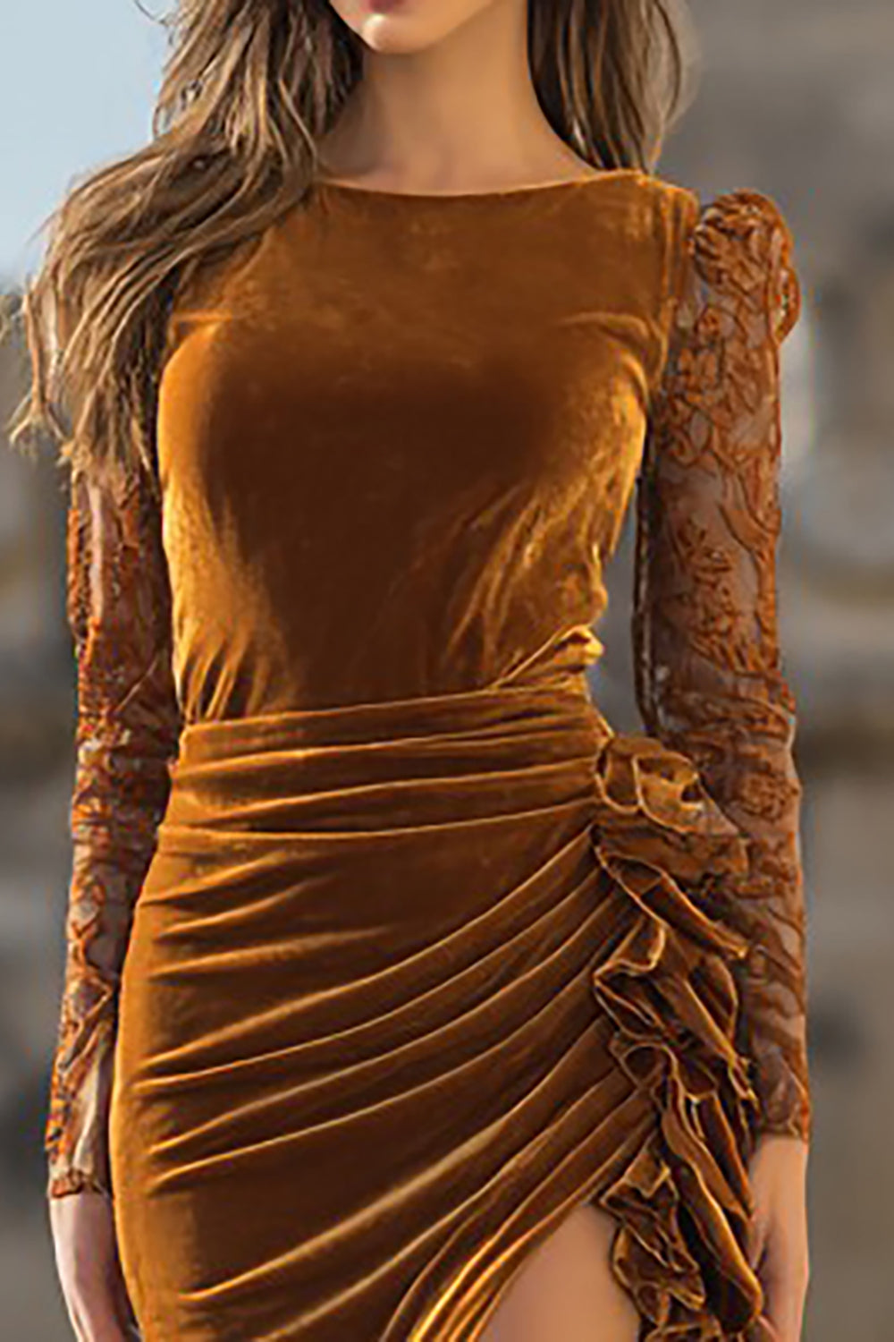 Caramel Velvet Ruffled Mermaid Long Sleeves Holiday Party Dress with Slit