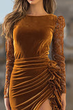 Caramel Velvet Ruffled Mermaid Long Sleeves Holiday Party Dress with Slit