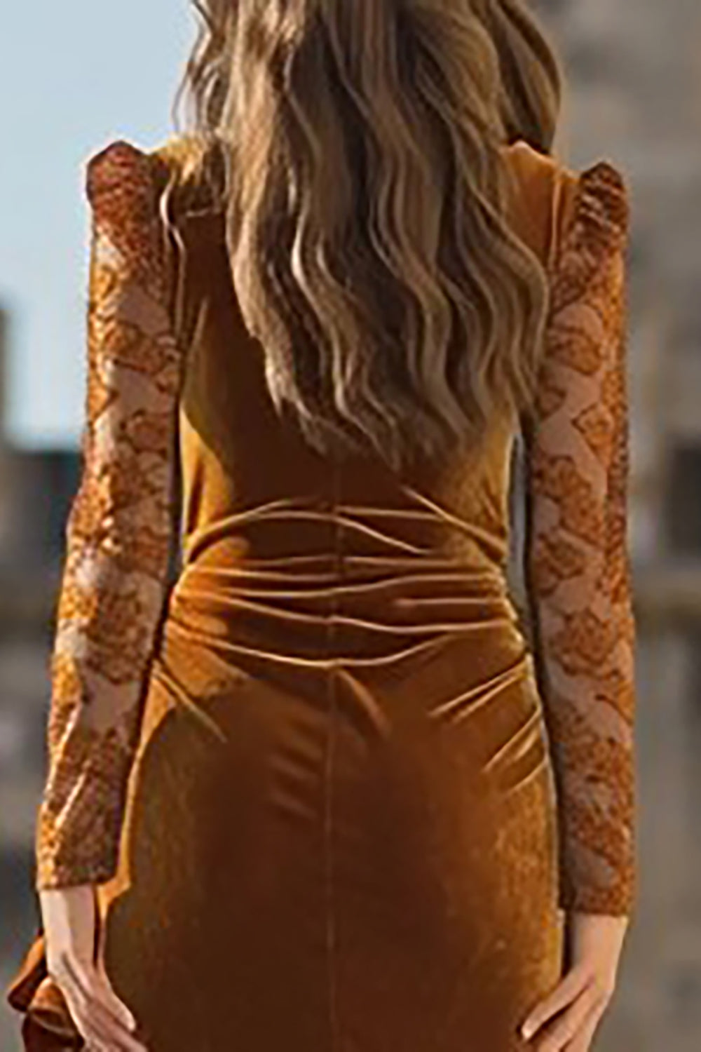 Caramel Velvet Ruffled Mermaid Long Sleeves Holiday Party Dress with Slit