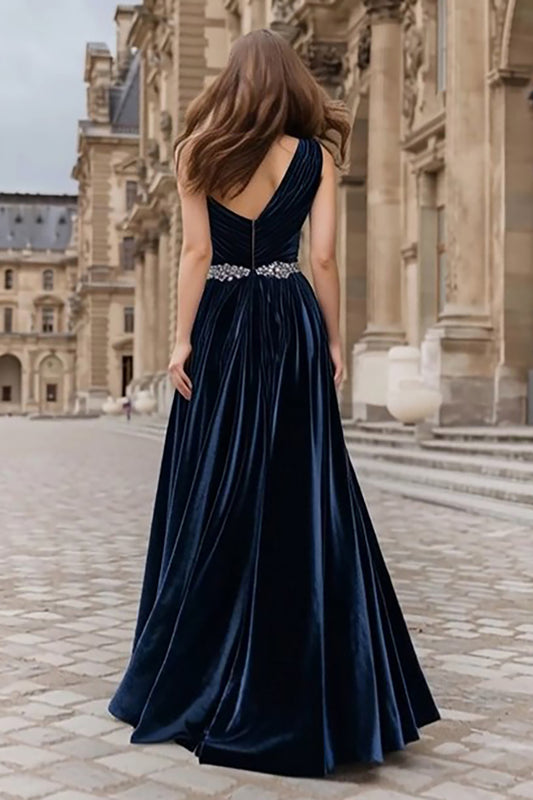 Sparkly Navy Beaded Velvet Long Holiday Party Dress