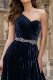 Sparkly Navy Beaded Velvet Long Holiday Party Dress