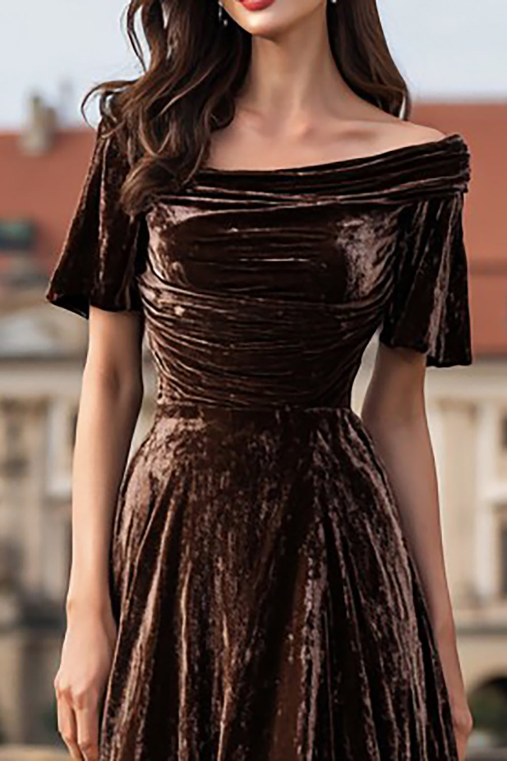 Brown A Line Long Velvet Holiday Party Dress