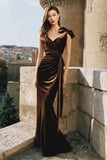 Brown Velvet Mermaid Long Holiday Party Dress with Bow