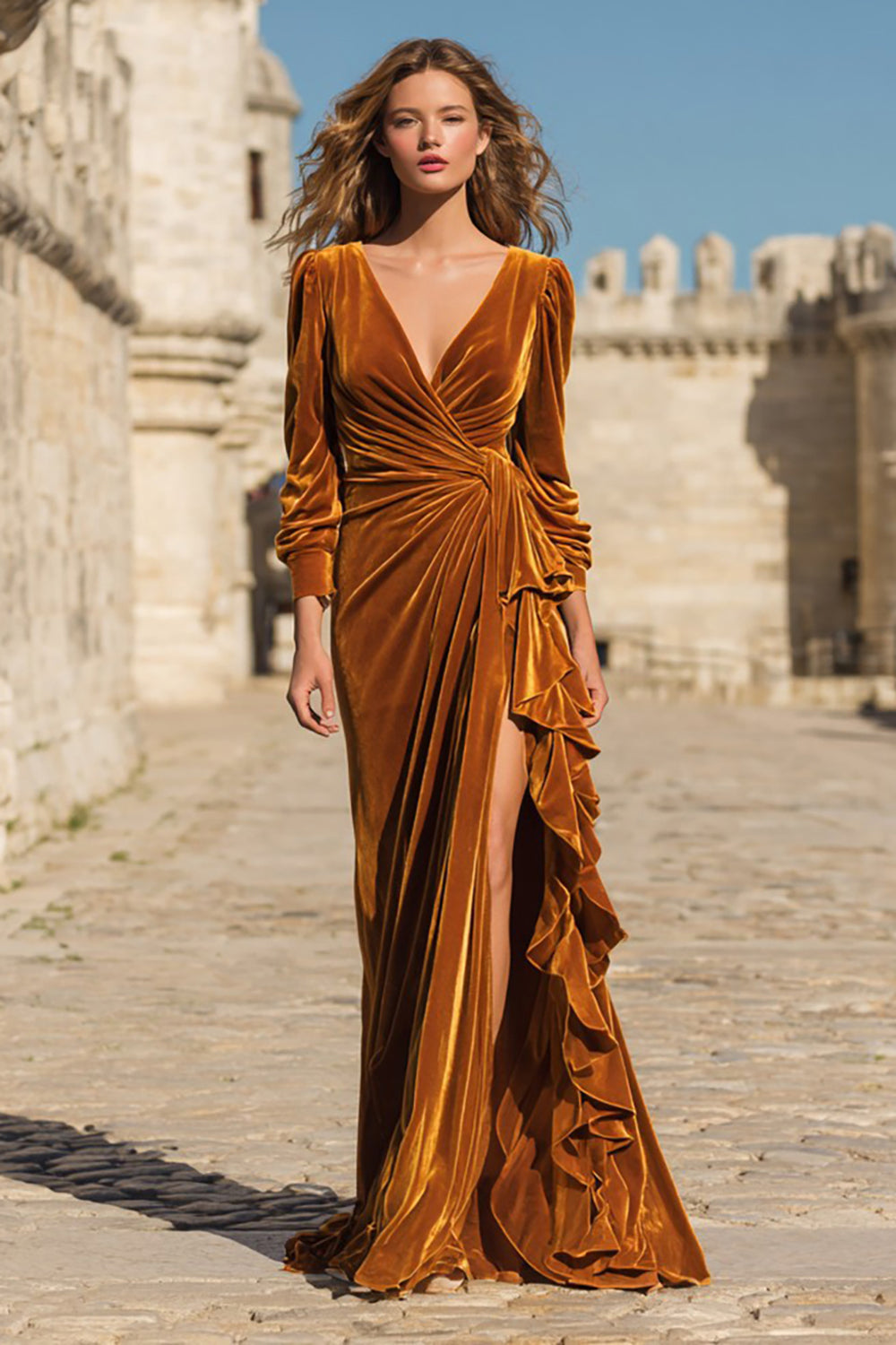 Caramel Velvet Ruffled Long Holiday Party Dress with Slit
