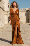 Caramel Velvet Ruffled Long Holiday Party Dress with Slit