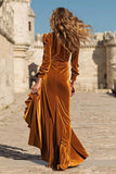 Caramel Velvet Ruffled Long Holiday Party Dress with Slit