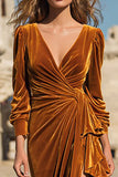 Caramel Velvet Ruffled Long Holiday Party Dress with Slit