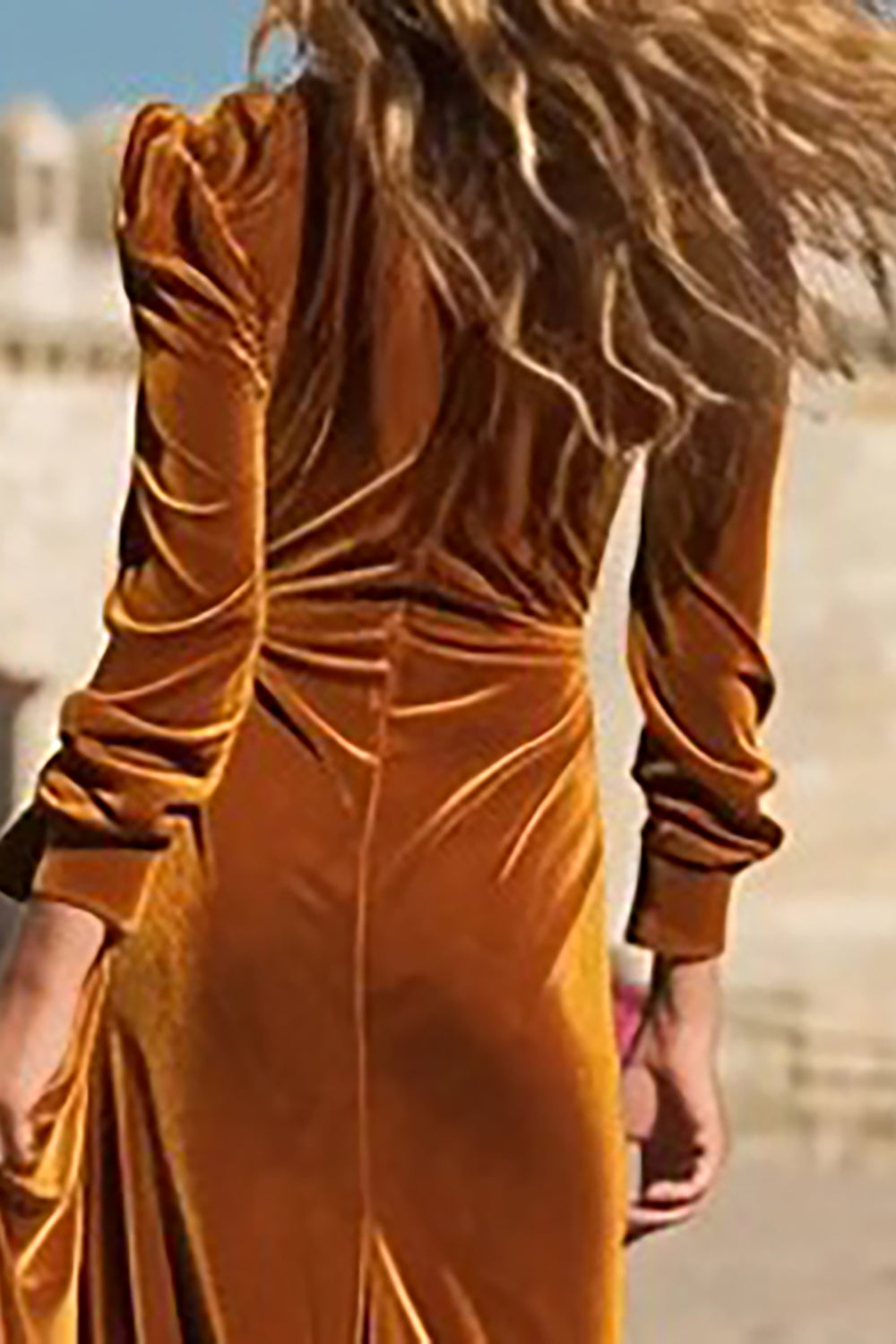Caramel Velvet Ruffled Long Holiday Party Dress with Slit