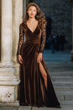 Brown Velvet A Line Long Holiday Party Dress with Slit