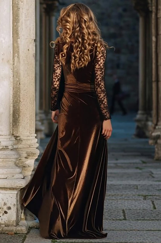 Brown Velvet A Line Long Holiday Party Dress with Slit