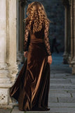Brown Velvet A Line Long Holiday Party Dress with Slit