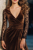 Brown Velvet A Line Long Holiday Party Dress with Slit