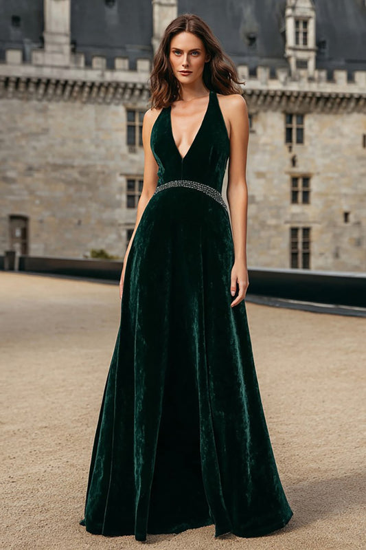 Sparkly Dark Green Velvet Halter Long Holiday Party Dress