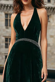 Sparkly Dark Green Velvet Halter Long Holiday Party Dress