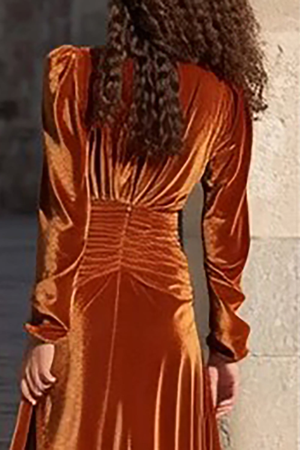 Caramel Velvet V Neck Long Holiday Party Dress with Slit
