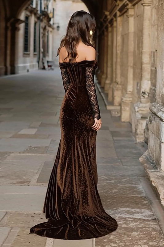 Brown Velvet Mermaid Corset Long Holiday Party Dress