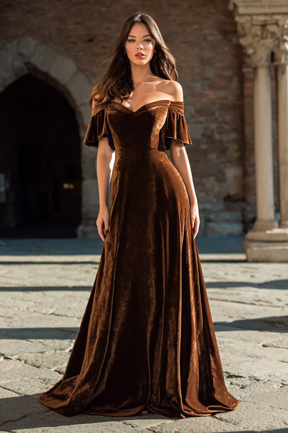 Brown Velvet Ruffled A Line Long Holiday Party Dress