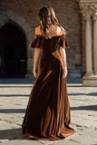 Brown Velvet Ruffled A Line Long Holiday Party Dress