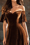 Brown Velvet Ruffled A Line Long Holiday Party Dress