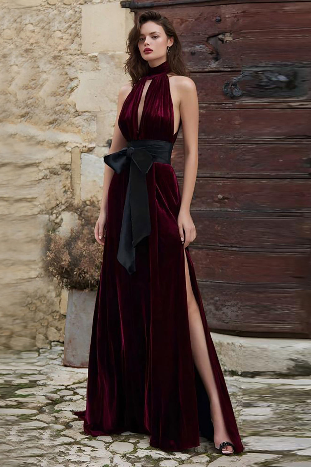 Burgundy Velvet High Neck Long Holiday Party Dress with Keyhole